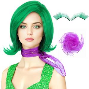 lot 9151 image: morvally Women Green Costume Wig with Scarf and False Eyelashes Short Green Cosplay Wigs for Adults Halloween Costume Anime Cosplay (Adults)