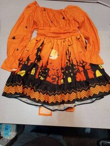 lot 9155 image: Halloween Costume Dress Orange Black Haunted House Stars Bats Little Girls Medium