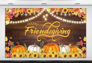 lot 10182 image: Nepnuser Happy Friendsgiving Photo Booth Backdrop Fall Harvest Thanksgiving Friends Party Decorations Maple Leaves Sunflower Wall Decor Supplies (7 x 5ft)