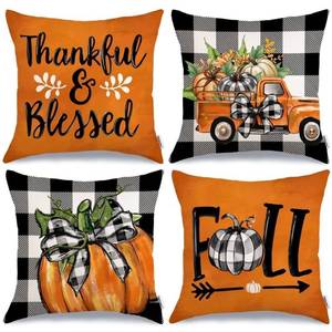 lot 10185 image: GEEORY Fall Buffalo Plaid Pumpkin Throw Pillow Covers 18 x 18 Inch Set of 4