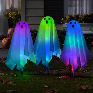 lot 10208 image: Set of 3 Halloween Pathway Markers Lights, 14.2 Inch High Plastic Ghost Lawn Garden Stakes Clear Lights for Trick or Treat Party Outdoor Waterproof Halloween Decor (Color Changing)