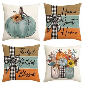 lot 10214 image: AVOIN colorlife Fall Pumpkin Home Sweet Home Throw Pillow Covers, 18 x 18 Inch Autumn Thankful Grateful Blessed Harvest Floral Decorations for Sofa Couch Set of 4
