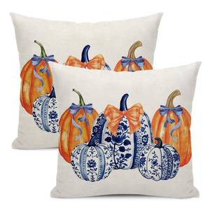 lot 10216 image: Fall Pillow Covers 24x24 Pack of 2 Chinoiserie Blue and Orange Pumpkin Throw Pillow Cover Outdoor,Fall Thanksgiving Decoration Pillowcase Autumn Decor Farmhouse Cushion Case for Home Sofa