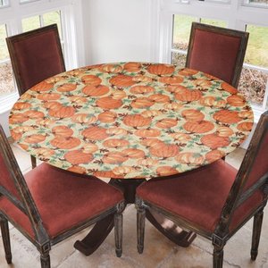 lot 10219 image: Covers For The Home Deluxe Elastic Edged Flannel Backed Vinyl Fitted Table Cover - Pumpkin All Over Pattern - Large Round - Fits Tables up to 45  - 56  Diameter (ETPUM60-CH4)