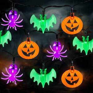 lot 10232 image: RECESKY 2Pack 20 LED Pumpkin Bat Spider String Lights with Timer - Total 13Ft Orange Purple Green Battery Halloween String Light - Creepy Decor for Indoor Outside House Bedroom Holiday Decorations