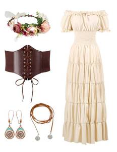 lot 10238 image: Spooktacular Creations 5Pcs Halloween Renaissance Medieval Dress Costume Women,Beige Fairy Chemise Dress Peasant Irish Gown With Wreath Waistbands Necklaces Earrings for Cosplay Paries(Small)
