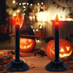 lot 10239 image: 2 Pack Halloween Black Electric Window Candles, Flicker Flame Black Candle Lamp with 4 C18 Orange Flame Bulbs(2 Spare), Plug in Flickering Taper Candle for Party Halloween Indoor Decoration