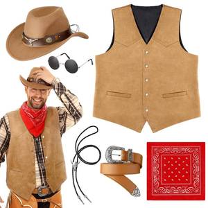 lot 10240 image: Vabean 6 Pcs Cowboy Costume Men Western Outfit Cowboy Vest Hat Necklace Belt Buckle Bandana Glasses for Rave Accessories(Brown,XL)