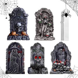 lot 10246 image: 25 Halloween Graveyard Tombstones, Halloween Decorations Outdoor, 5 Pack Realistic Corrugated Plastic Tombstones with Metal Stakes for Vampire Graves, Garden, Home and Party, Scary Graveyard Signs