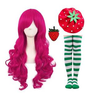 lot 10270 image: TOMIGO Long Hot Pink Wig with Strawberry Hat and Socks for Cosplay