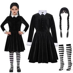 lot 10277 image: Spooktacular Creations Girls Collar Black Dress, School Girl Costume with Wig, Long Sleeve Velvet Skater Dress for Kids Toddler Halloween, Cosplay Themed Party (Large, 10-12 yrs)