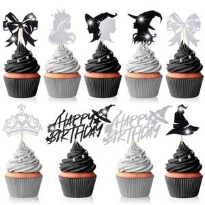 lot 10280 image: Henoyso 48 Pcs Witch Hat Cupcake Topper Glitter Crown Cupcake Picks for Birthday Wedding Baby Shower Party Cake Decorations Supplies, 9 Styles