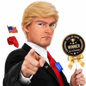 lot 10292 image: ALLAURA 3pc Donald Costume Kit, Blonde Wig, Red Tie, Flag Pin, Compatible with Pres Donald Wig Halloween Costume for Adults, Couples, Cosplay, Political Events, Parody Outfits, Toupee Wig Look