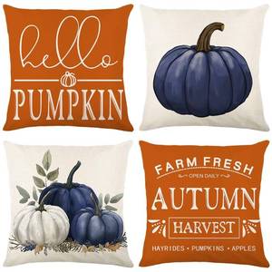 lot 10293 image: Fall Blue Pumpkin Pillow Covers 20x20 Inch Set of 4 Hello Pumpkin Indoor Outdoor Decorative Throw Pillow Covers Farmhouse Autumn Pillow Case Thanksgiving Harvest Bedroom Sofa Cushion Couch Decor