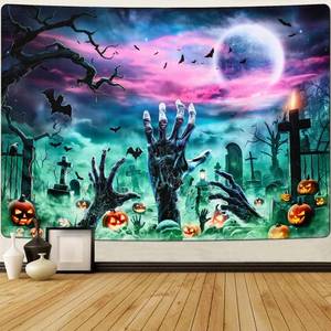 lot 10310 image: Krelymics Horror Halloween Tapestry Pumpkin Skull Hand Tapestry Spooky Graveyard Moon Night Creepy Halloween Decor Wall Hanging for Room Party (59.1 x 82.7 inches)