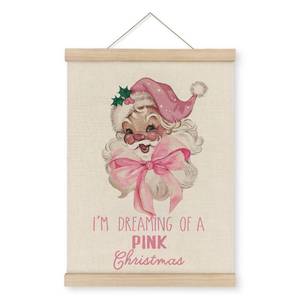 lot 10311 image: MAQIKA Pink Christmas Santa Poster, Framed with Wood Hanger, Coquette Christmas Wall Decor, Im Dreaming of a Pink Christmas Wall Art Prints for Girls Room, 12x16 inch