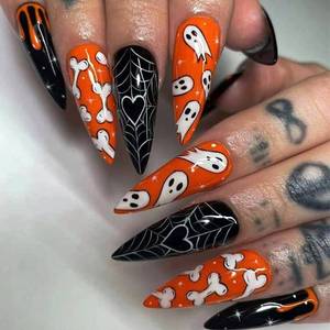 lot 10317 image: Long Pointed Press on Nails Black Orange Halloween Full Cover Acrylic With Ghost Love Spider Web Designs Glue on Bone Blood Artificial Stick on for Women and Girls 24PCS
