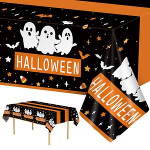 lot 10324 image: 3 Pcs Halloween Tablecloths - Ghost Table Cloth, Disposable Plastic Black Orange Bat Picnic Table Cover Set for Indoor Outdoor Halloween Party Decorations Supplies Favors Tables Decor, 108 x 54 Inch
