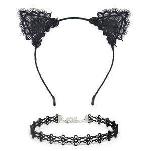 lot 10330 image: Ferenu 2PCS Black Lace Cat Ear Headband & Collar for Womens Fashion, Hair Accessories, Party Gift, Hairband, Headwear, Cosplay, Fancy Dress