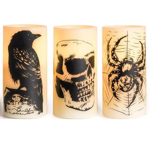 lot 10335 image: Hbaushun Halloween Flameless Candles LED Flickering Candles with Skull, Crow, Spider Web Decals, Battery Operated with 6 Hour Timer Halloween Decorations Horror Themed Candles(3 Pack, D3 x H6)