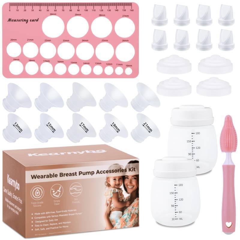 lot 7002 image: Replacement Parts Kit for Momcozy M5 Wearable Breast Pump (Includes 2 Bottles, 10 Flanges, 8 Duckbill Valves, 4 Membranes, Sizing Ruler & Cleaning Brush) BPA-Free, Easy to Clean