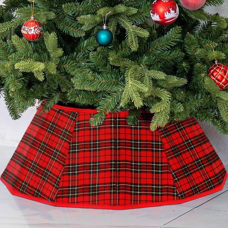 lot 7033 image: Blissun Fabric Christmas Tree Collar & Skirt - Willow Tree Ring for Christmas Decorations (Red & Black Plaid)