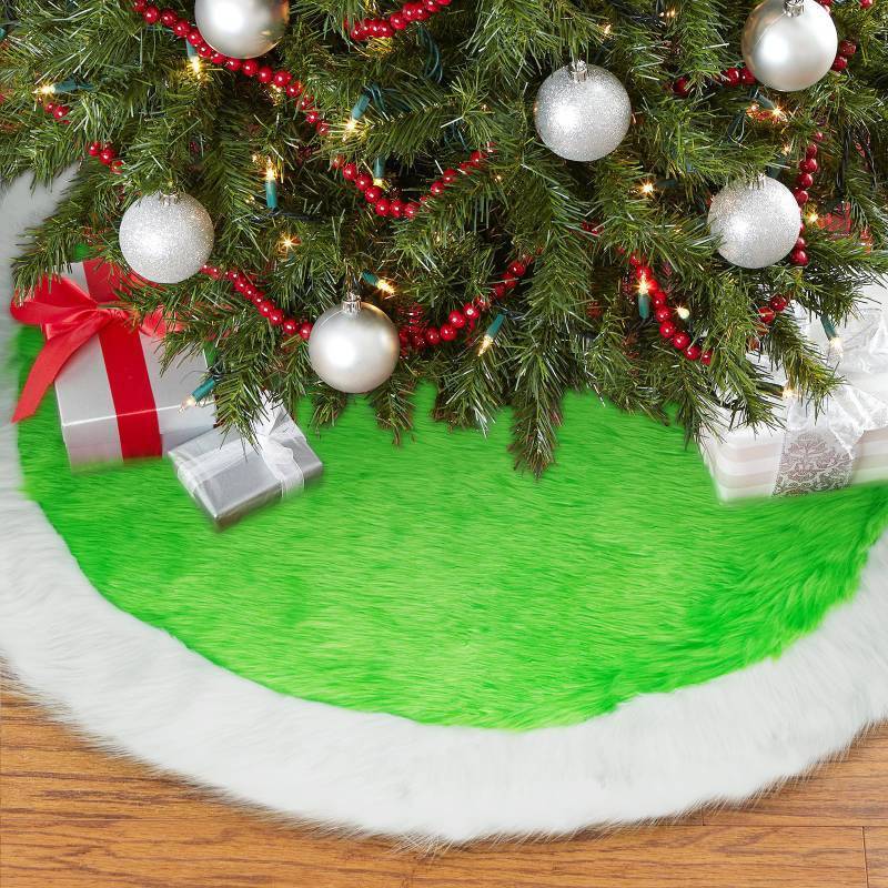 lot 7036 image: 30 Inch Faux Fur Christmas Tree Skirt Soft Plush Tree Mat Thick Green Velvet and White Plush Tree Skirts Christmas Theme Decorations Fluffy Tree Skirts Xmas Holiday Party Indoor Decorations, Green
