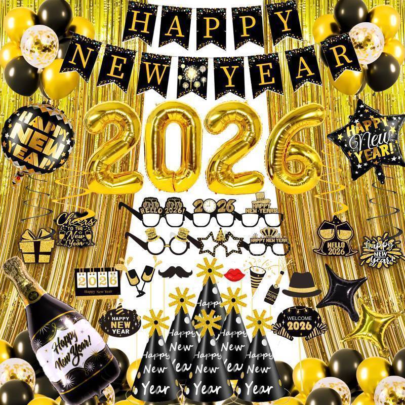 lot 5007 image: New Years Eve Party Supplies 2026 New Years Decorations 2025Happy New Year Decorations Eve Party Decorations, Hats & Glasses, Photo Props, Happy New Year Banner Foil Balloon Curtain Hanging Swirls