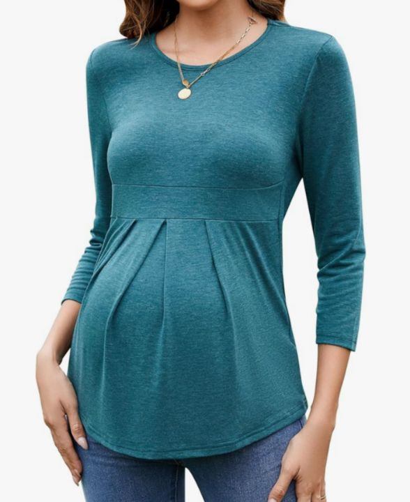 lot 5037 image: Sosolism Womens Maternity Tops 34 Sleeve Front Pleat Maternity T-Shirts Round Neck Peplum Pregnancy Clothes (2XL)