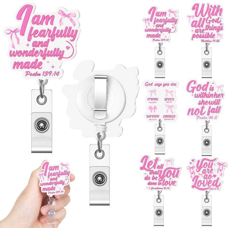 lot 5798 image: 6 Pcs Pink Bow Christian Badge Reels Retractable Bible Verse Religious ID Badge Holder Clip Jesus Scripture Gift Inspirational Quote Gifts for Christmas Women Mother Nurse Doctor Teacher Student