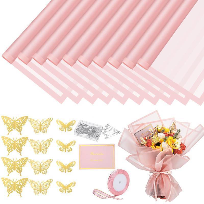lot 5804 image: woric 93pcs Flower Wrapping Paper Kits, 20 Sheets Waterproof Pink Floral Bouquet Wrapping Paper 10 Greeting Cards 12 Butterfly 50 Flower Pins 1 Roll Ribbon for Graduation Party DIY Crafts