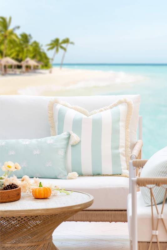 lot 5808 image: Hofdeco Premium Fall Coastal Patio Indoor Outdoor Pillow Cover Only, 20x20 Water Repellent for Backyard, Couch, Muted Aqua Stripe Fringe