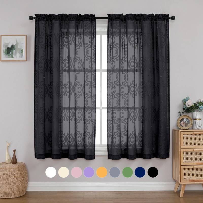 lot 5822 image: Aiyufeng Black Sheer Curtains 63 Inch Length for Bedroom Living Room, 3D Floral Clip Jacquard Light Filtering Semi Sheer Curtain Transparent Rod Pocket Window Drapes, Each 54Wx63L Inch, 2 Panels