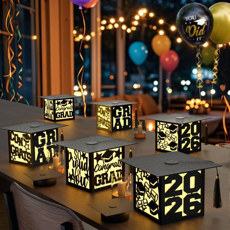 lot 5904 image: 6 Pcs Graduation Table Centerpieces Boxes Class of 2026 Black Square Graduation Paper Lanterns with String Lights Hollow Out for Congrats Grad School College Table Decorations Grad Party Photo Props