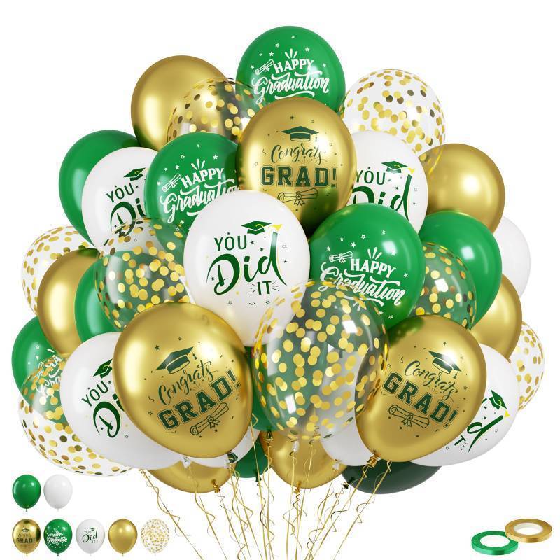 lot 5925 image: FunHot Green Gold Graduation Balloons, 50 Pcs Congrats Grad Balloon, 12 Inch Green Gold White Confetti Grad Cap Helium Latex Balloons for High School College Class of 2026 Graduation Party Decorations