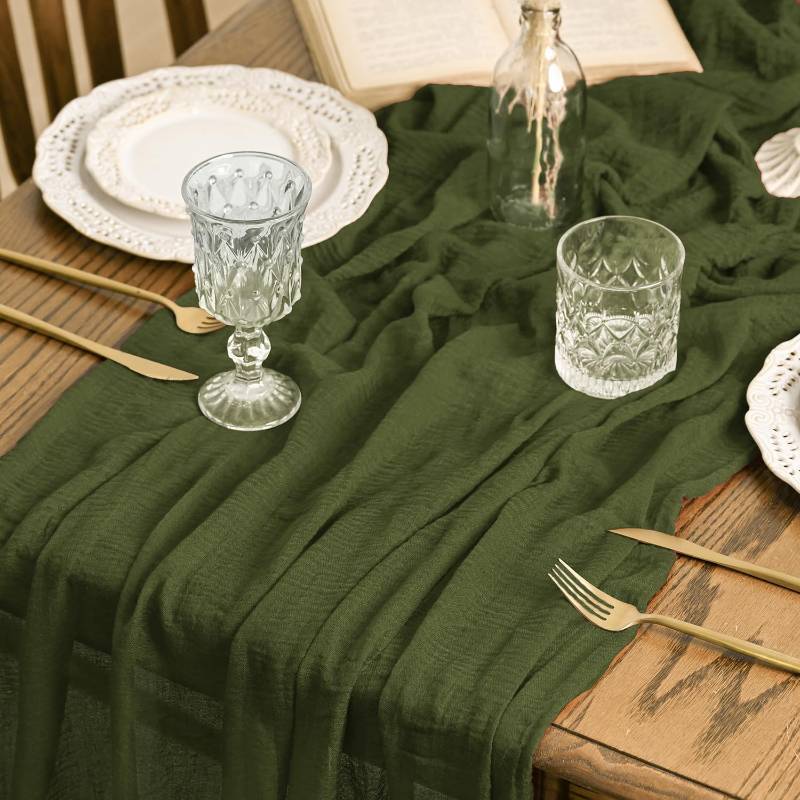 lot 5930 image: Artoid Mode Boho Cheesecloth Gauze Olive Green Wedding Table Runner, 160 Inch Seasonal Fabric Kitchen Dining Holiday Table Decor for Home Party Indoor