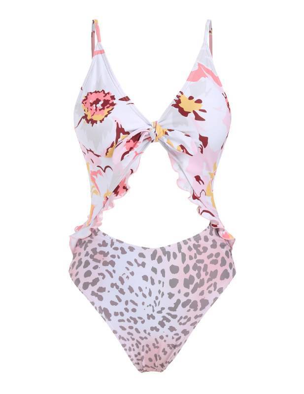 lot 6957 image: ZAFUL Womens One-Piece Swimsuit Sexy Cutout Ruffle Bathing Suit V Neck Tummy Control Front Knot Monokini Swimwear Leopard XL