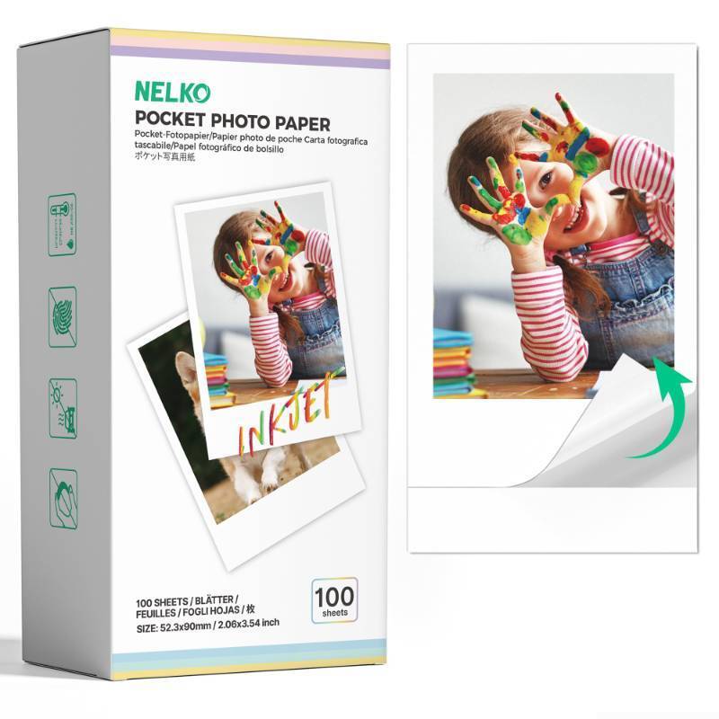 lot 6963 image: Nelko 52.3x90mm Premium Sticky Back Photo Paper, 100-Pack Genuine PP01 & PP03 Pocket Printer Paper, Water Resistant Photo Paper, Compatible with Nelko Photo Printer Series, Easy to Peel, White