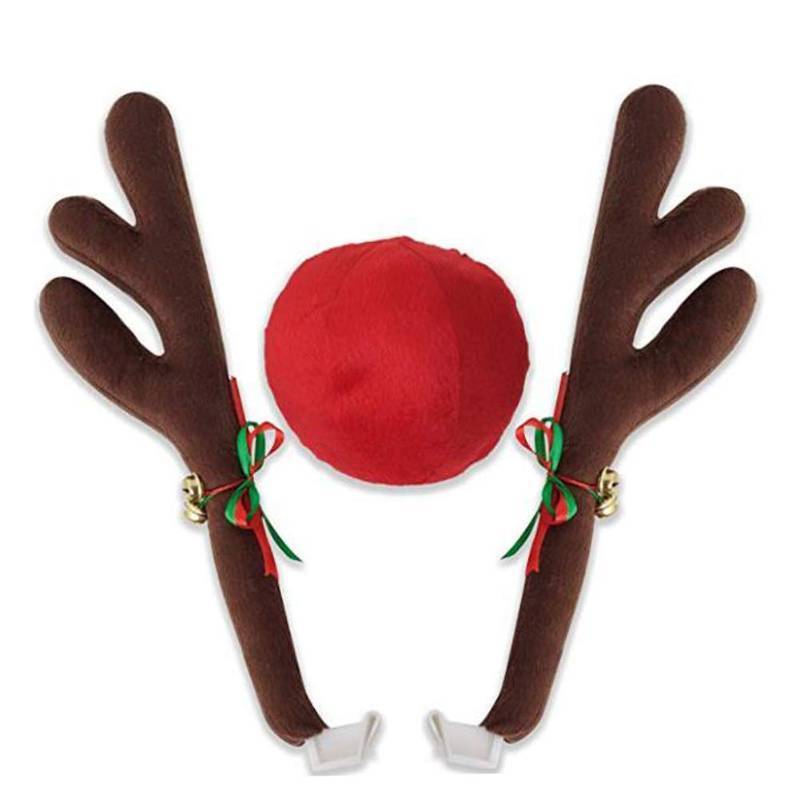 lot 6989 image: Christmas Reindeer Antlers Car Decoration Kit Plush Rudolf Auto Reindeer and Red Nose Set with Jingle Bells - Best Chrictmas Gift Choice