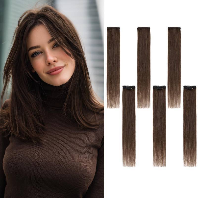 lot 6993 image: TESSHAIR 6PCS Clip in Hair Extensions Real Human Hair Short Clip in Extensions for Women Short Straight Hairpieces to Add Volume and Highlights 14 Inch Dark Brown
