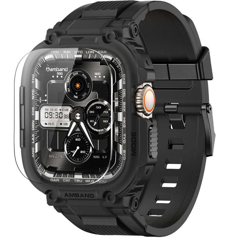 lot 7020 image: amBand Bands Case Screen Protector Compatible with Apple Watch Ultra 321 49mm for Men, M1 Sport Series Rugged Cover Strap and 9H Tempered Glass, Military Protective Bumper for iWatch 49 mm Men Black - Retail $25