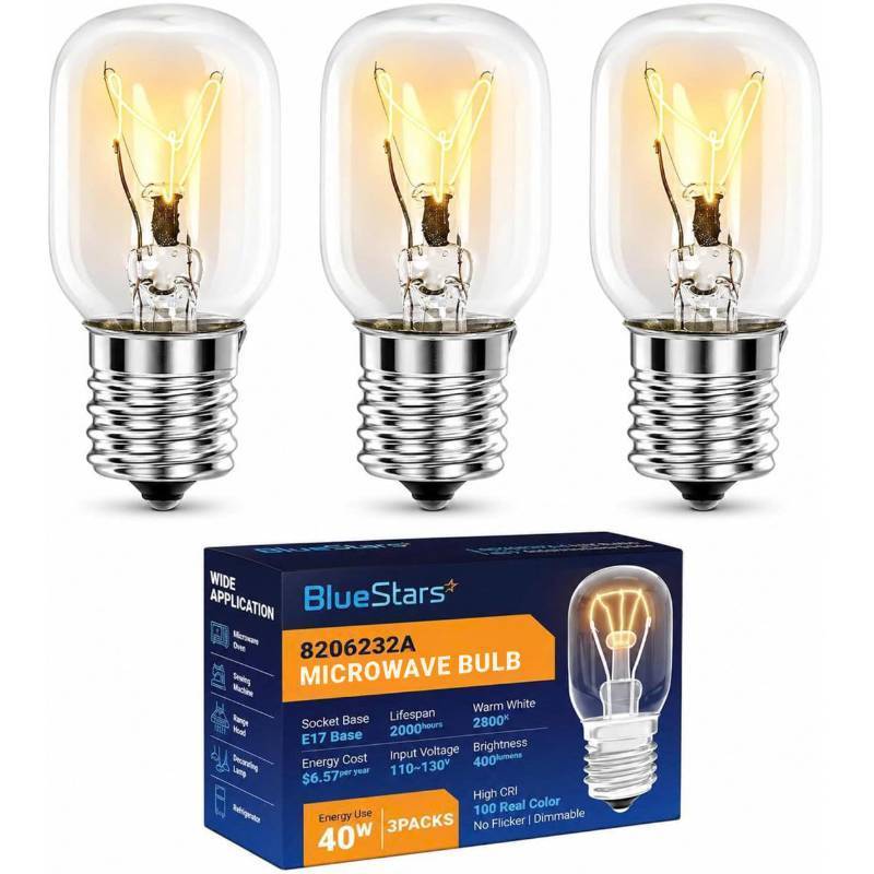 lot 7024 image: BlueStars 8206232A KEI 125V 40W Microwave Bulb E17 Base, Compatible with Whirlpool Microwave Light Bulb Under Hood - Replaces 1890433 8206232 AP4512653 - Pack of 3
