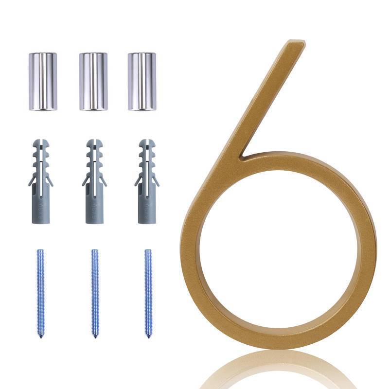 lot 7028 image: Floating House Number Modern House Numbers 5 inch, Deamos Zinc Alloy Home Address Number for House with Reflective Finish Floating Mount or Flush Mount Zinc Alloy (Gold, #6)