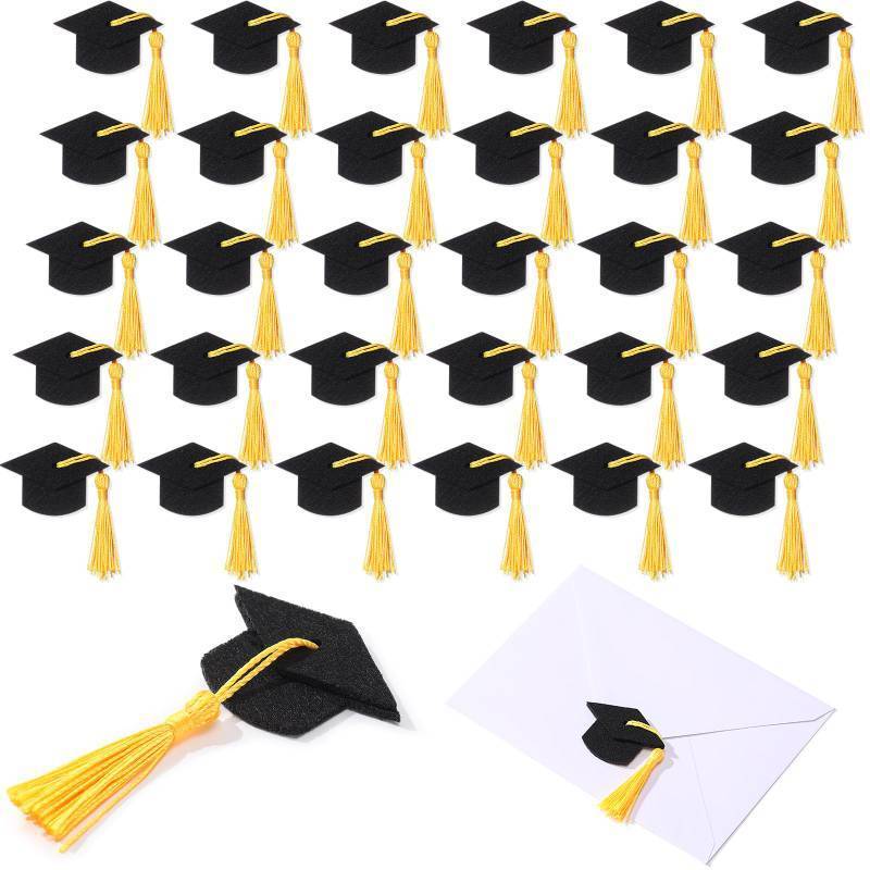 lot 7029 image: SmoothNovelty 30pcs Graduation Cap Stickers Black Felt Graduation Hat with Tassel Sealing Labels Grad Party Favor Stickers for Envelopes College High School Graduation Party Supplies (Gold)
