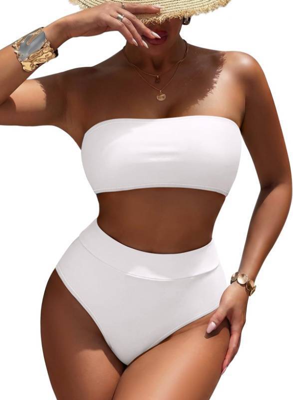 lot 7147 image: Pink Queen Womens Remove Strap Pad High Waist Bikini Set Swimsuit White, X-Large