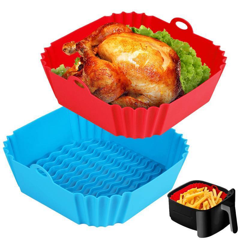 lot 7149 image: Boribim 2 PCS Square Silicone Air Fryer Liners - 8 Inch Reusable Air Fryer Pot - Air Fryer Accessories - Air Fryer Inserts for 4 to 7 QT Oven Microwave Accessories (Red  Blue)