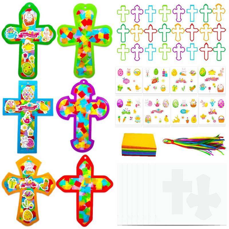 lot 7153 image: AUEKIV Easter Religious Cross Craft Kits - 24 Easter Tissue Paper Suncatcher Stained Glass Effect,Cross Art Craft Kit Christian DIY Crafts Gift Set for Jesus Sunday Church Classroom Spring Party