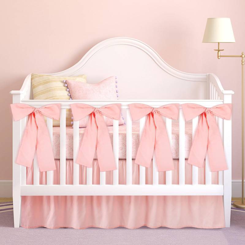 lot 7206 image: SmoothNovelty Pink Crib Bed Skirts with 4 Large Cot Bow 28 x 52 Baby Crib Skirt for Boys Girls Nursery Toddler Bedskirt Dust Ruffle 14 Drop