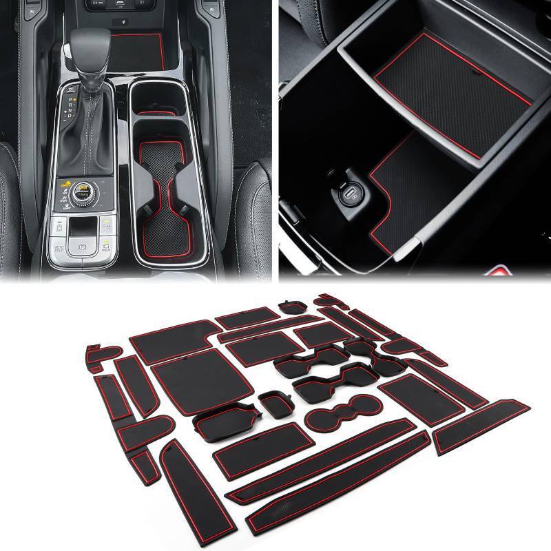 lot 7208 image: Auovo Center Console Mats Compatible with Kia Telluride Accessories 2020 2021 2022 2023 2024 2025 Door Liners Car Interior Decoration Cup Holder Coasters Pads(26pcsSet, Red)