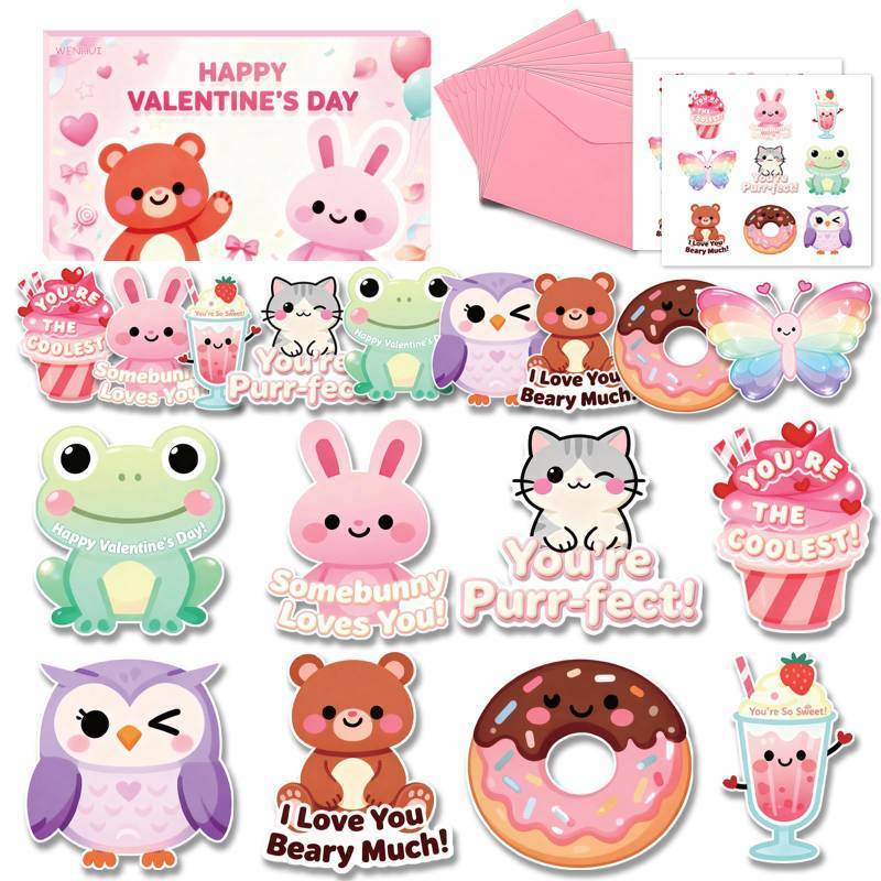 lot 7398 image: WENHUI 72 Cute Valentine Cards with Gold Foil - 9 Fun Designs, Small Classroom Exchange Cards with Envelopes